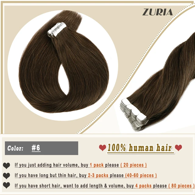 ZURIA Mini Tape In Hair Extensions Machine Remy Natural Hair Extensions Human Hair Straight 20 Inchs Seamless Adhesive Skin Weft #6