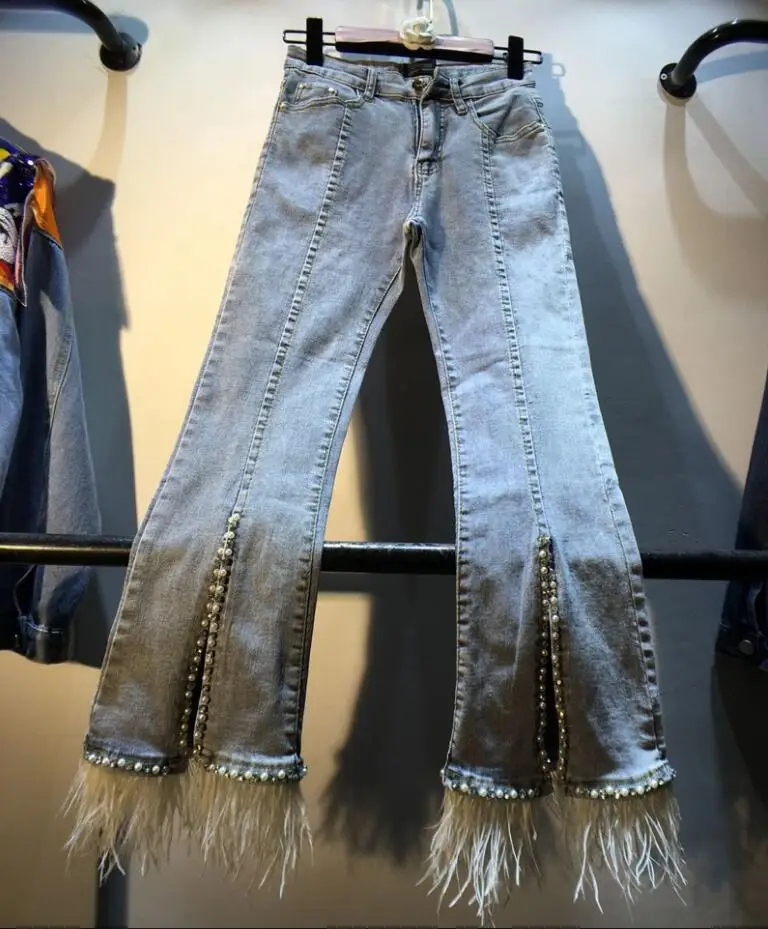 European Autumn New Heavy Diamond Beads High Waist Skinny Denim Pants Feather Stitching Flare Jeans Trousers r1886