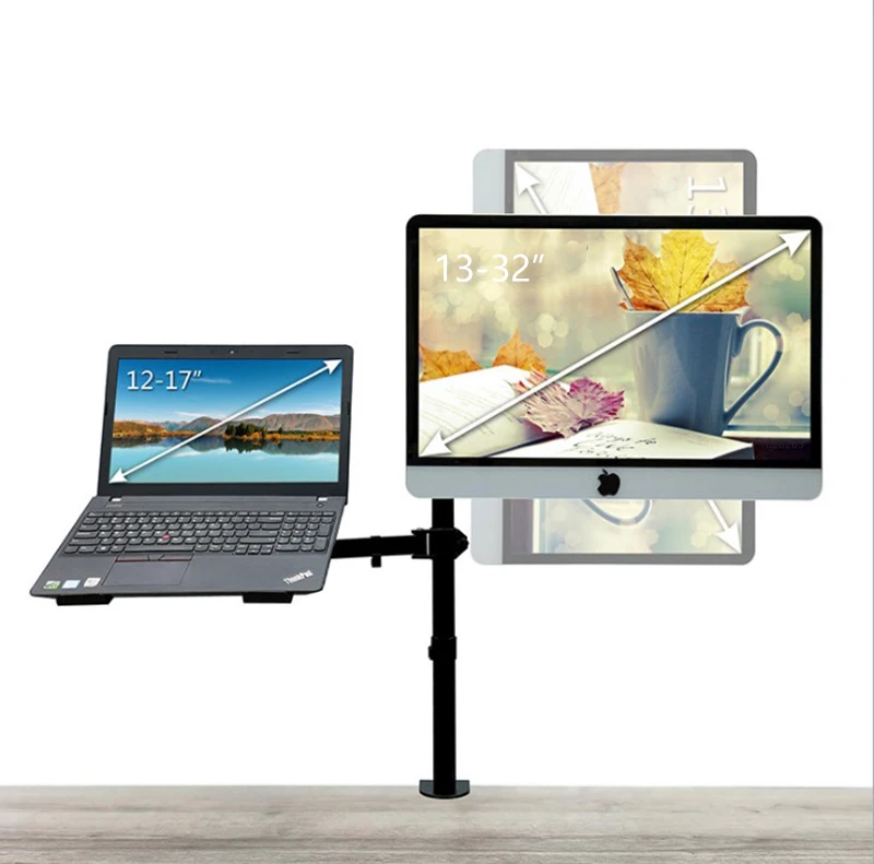 M074 Dual LCD Monitor Desk Mount Fully Adjust Stand with Extra Laptop Tray for Laptop Notebook up to 17" and Screen up to 32" — view 2
