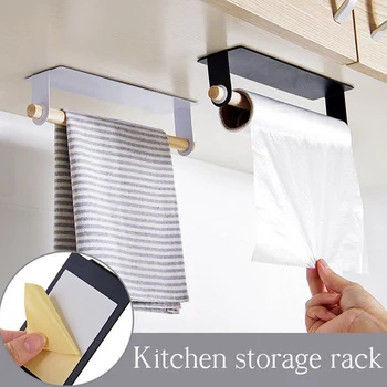 

Metal wall hanging Holder wood towel Shelf bathroom Roll paper rag Holder plastic wrap film Storage Racks kitchen accessories