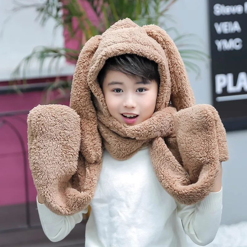 

Cute Autumn and Winter New Children's Hat and Scarf Three-piece Cute Rabbit Cotton and Velvet Warmth Unisex Stand Collar Shawl