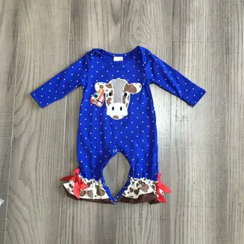

girlymax farm romper baby fall winter romper infant toddler cow head heifer romper baby girl blue romper with ruffle
