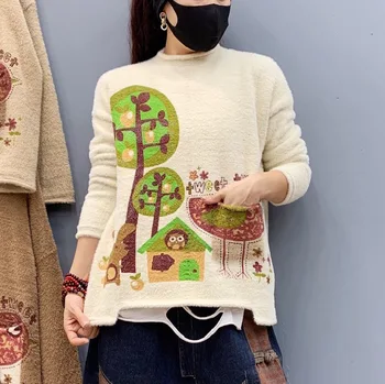 

loose print cartoon tree pullover sweater women's loose casual pullover tops