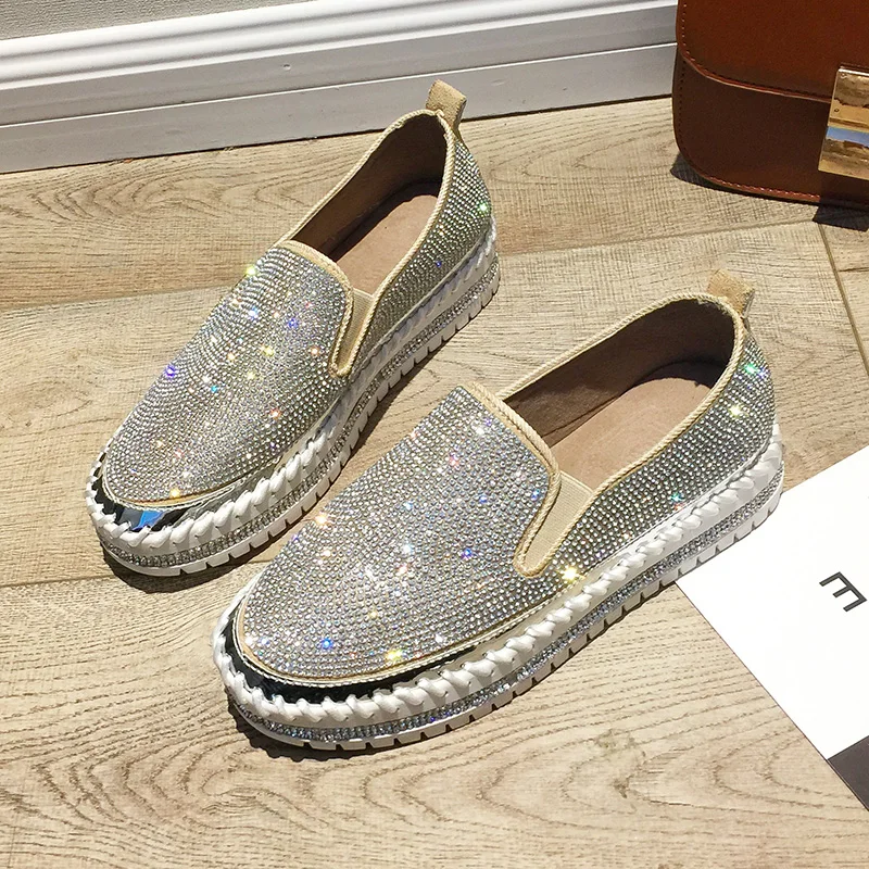 

YeddaMavis Shoes Rhinestone White Flats Loafers Women Shoes Women Sneakers New Korean Thick Bottom Lazy Shoes Womens Shoes Woman