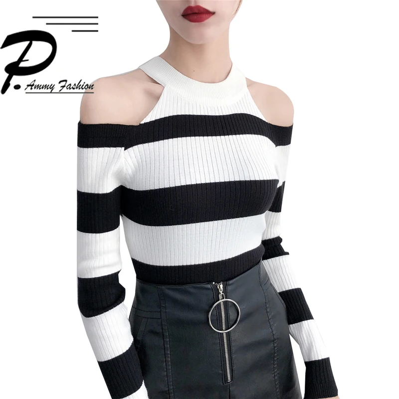 

2019 new Sexy Korean version of the slim long-sleeved striped off-the-shoulder sweater women's thick knit bottoming sweaters