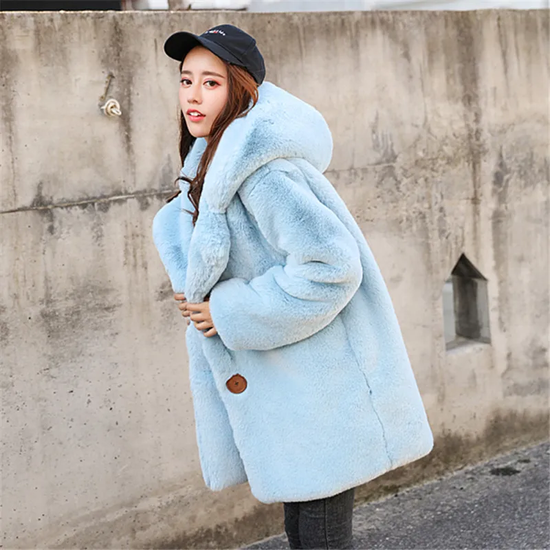 High Quality Women Faux Rabbit Fur Coat Luxury Long Fur Coat Loose Hooded Fur Jacket Warm Overcoat Female Winter Plush Coats