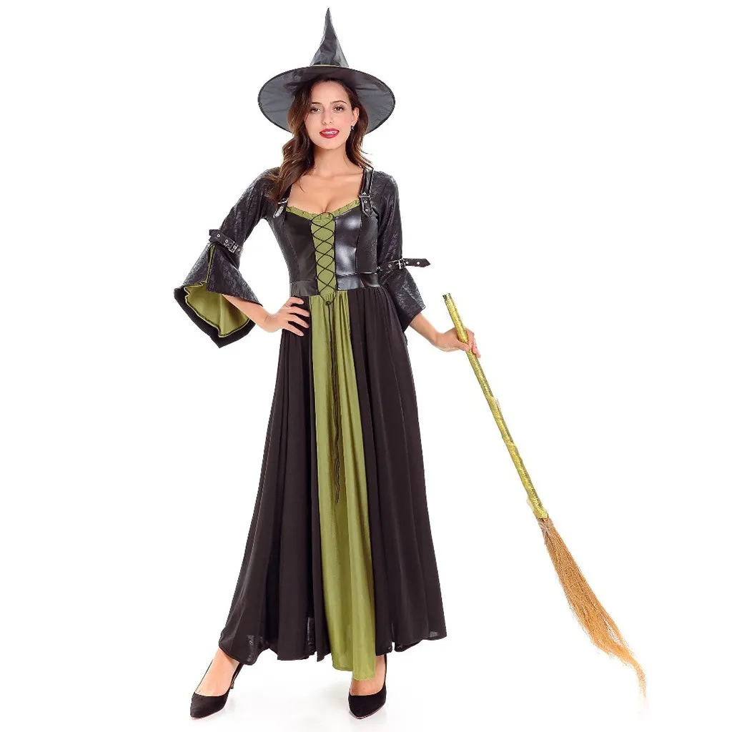 Костюм женский для праздника Хэллоуин костюм ведьмы Танцевальная вечеринка длинный рукав платье+ шляпа комплект одежды костюм Хэллоуин чудо аниме косплей#7