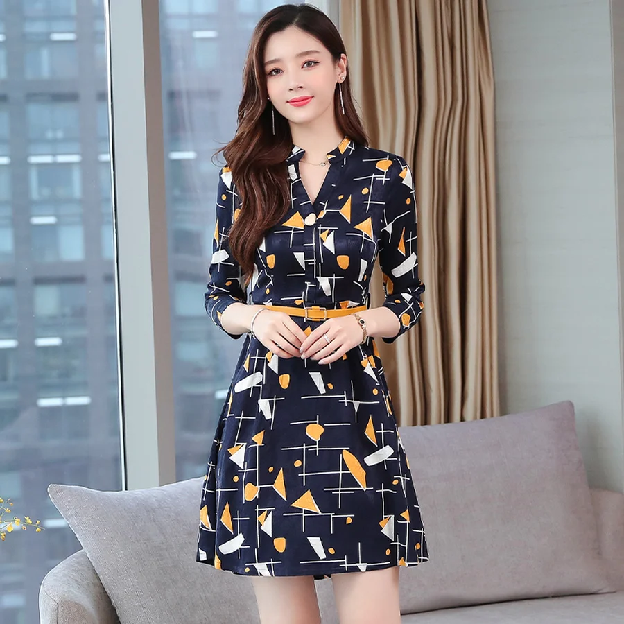 Vintage Print Chiffon Long Sleeve Mini Dress Autumn Winter Chic Plus Size Women Bodycon Dress Elegant Femal Party Vestidos