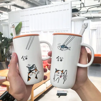 

Creative Cartoon Cat Ceramic Mug Cute Breakfast Milk Cup with Lid Spoon 450ml Large Capacity Household Coffee Mugs Juice Teacups