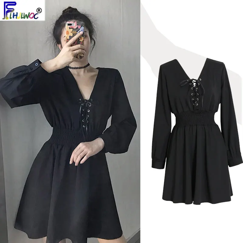 Осень французский дизайн маленькие черные платья женские модные длинные рукава Тонкая талия линия галстук-бабочка мини-платье Вечерние милые 9011