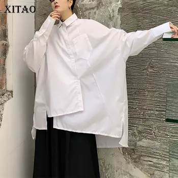

XITAO Irregular Pocket Slim Black White Blouse Women Fashion Tide Personality Polo Collar Full Sleeve Shirt Top Autumn WLD2470