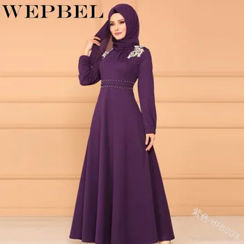 

WEPBEL Women Fashion Abaya Dress Islamic Floral Full Sleeve Muslim Casual Solid Color Lady Long Maxi Dresses