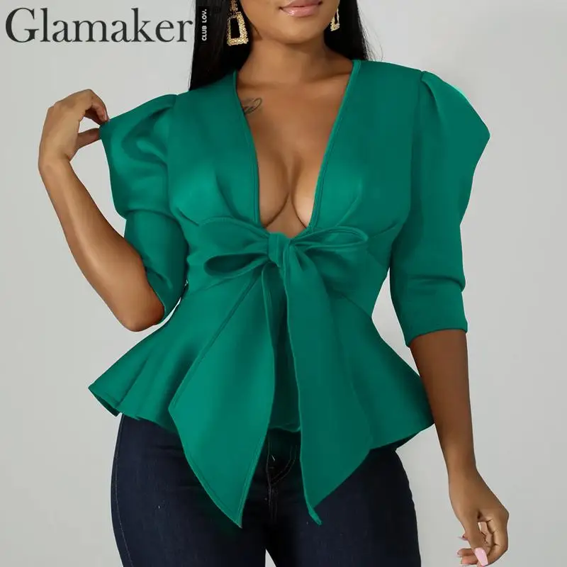 Зеленый Glamaker сексуальные оборки v шейный галстук-бабочка блузка рубашка Женская Осенняя пышная рукав элегантный короткий топ Женская мода белая винтажная блузка - Цвет: Зеленый