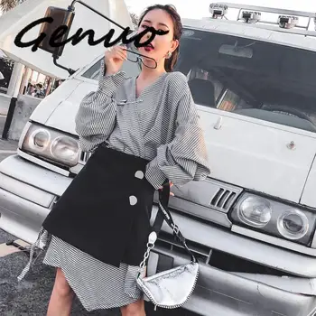 

Genuo New 2019 Design V-neck Fashion Suit Dress Female Long-sleeved And Skirt Two-piece Women's Set Spring And Autumn