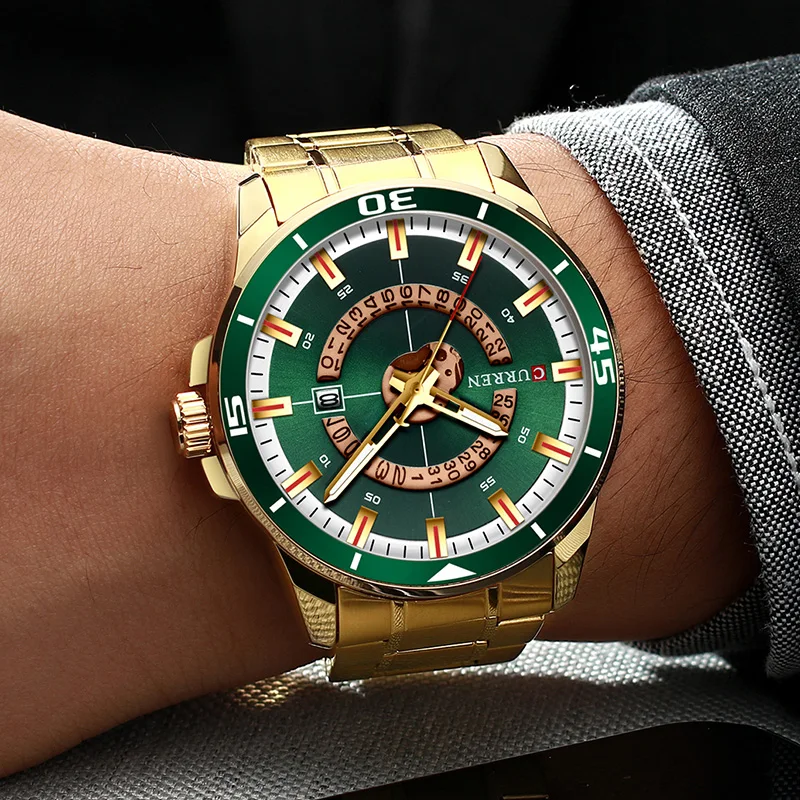 Мужские часы Curren Green Gold из нержавеющей стали Кварцевые Мужские наручные часы спортивные часы мужские деловые золотые часы мужские водонепроницаемые