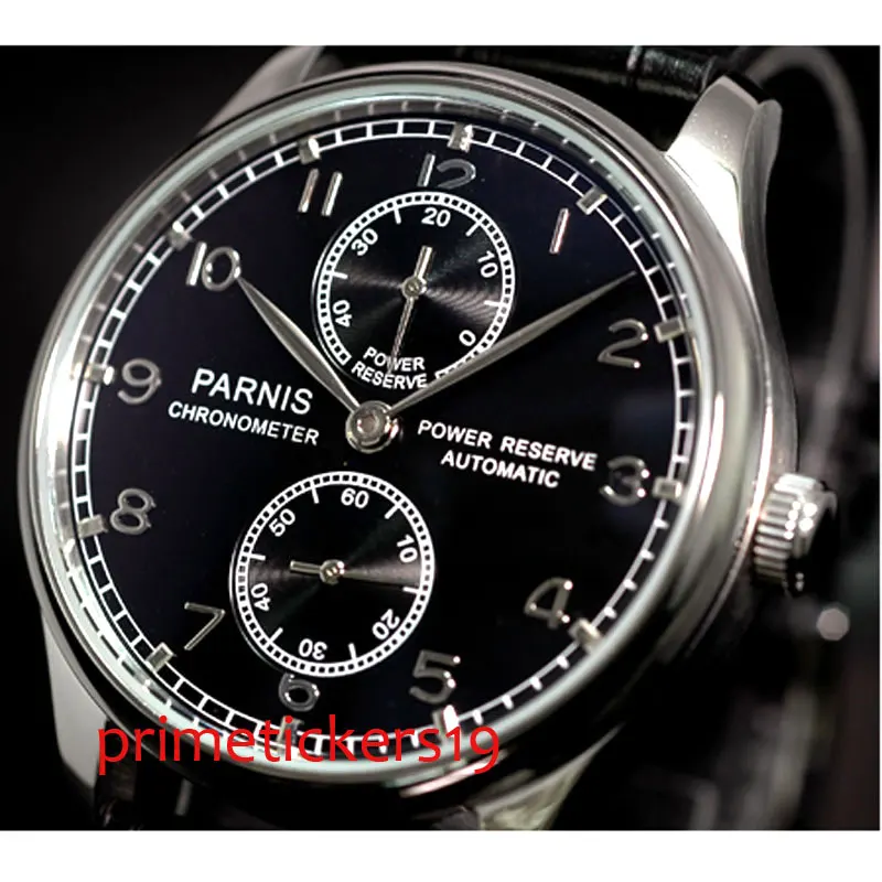 

Automatic movement 43mm parnis black dial black leather strap mens watch power reserve