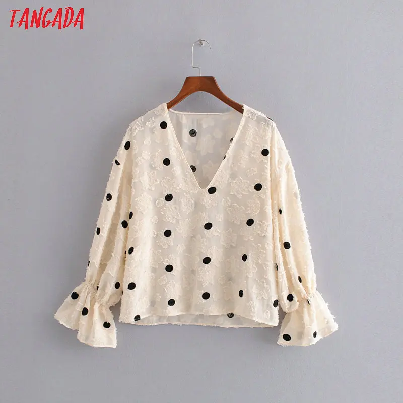  Tangada women vintage oversized dots embroidery blouse v neck flare long sleeve female casual shirt