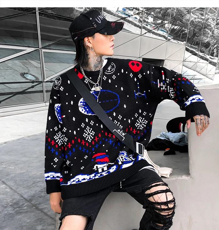 EFUNGAL, цветной Повседневный пуловер с принтом, мужской свитер в стиле хип-хоп, вязаная одежда, осень-зима, уличная одежда с длинным рукавом, вязаные Рождественские свитера