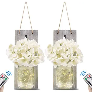 

Mason Jar Wall Sconces Fairy Lights Vintage Wrought Iron Hook Silk Hydrangea Flower with Remote Control LED Strip Lights