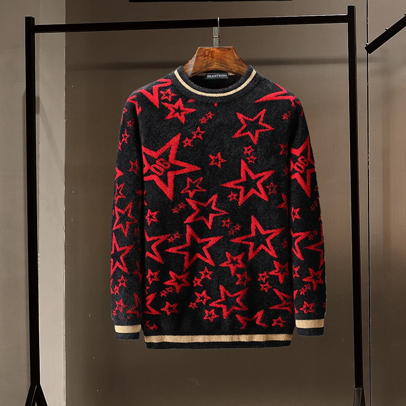 

Seestern brand autumn winter men's sweater new stripe pentagonal star og letter imitation mink wool knitting warm long sleeve