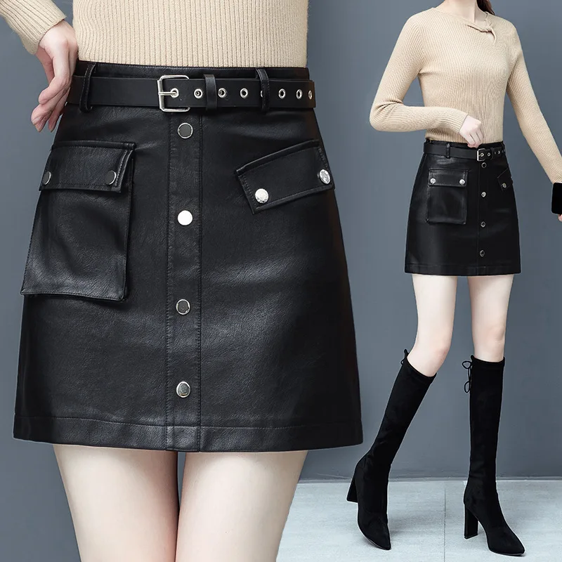 

2019 Autumn And Winter New Style Elegant Solid Color Versatile Pu Skirt Women's High-waisted Sheath Explicit Thin Slit A- line S