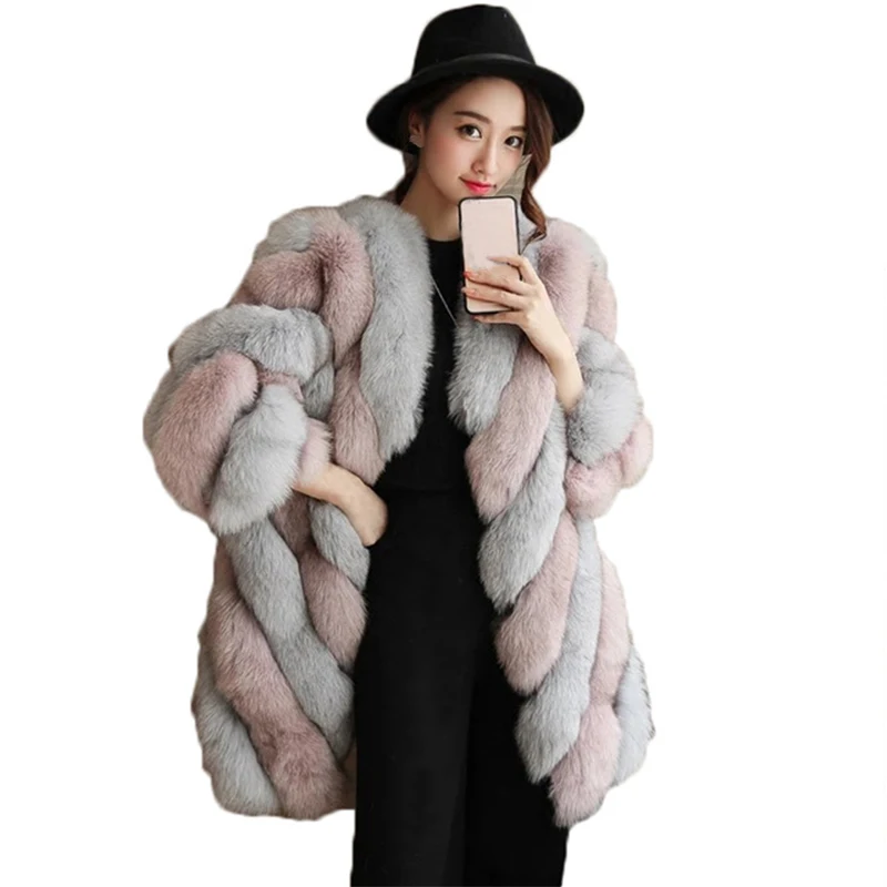 Gray Pink Плюс размер 4XL пальто из искусственного меха женская пушистая теплая с длинным рукавом Новая женская верхняя одежда теплая куртка ворсистое пальто - Цвет: Gray Pink