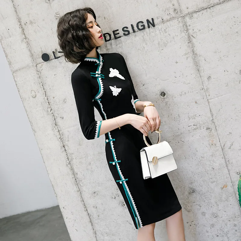 Большие размеры 3XL Новое поступление Винтаж Половина рукава хлопок Cheongsam сексуальное женское официальное короткое платье вышивка Мандарин Воротник Qipao
