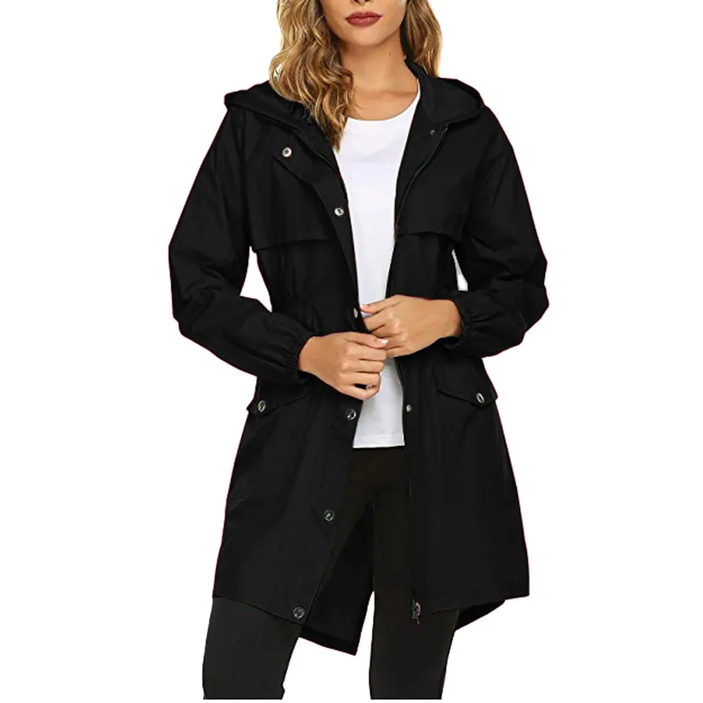 SAGACE, женское водонепроницаемое приталенное длинное пальто с капюшоном, ветровка, Женская куртка, приталенная, длинный рукав, теплая Женская одноцветная куртка - Цвет: Черный