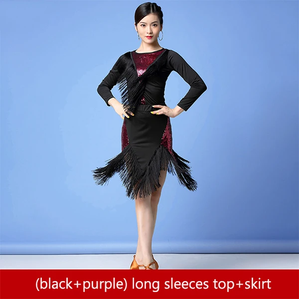 Blackpurple Сексуальное Новое Женское бальное платье латино с кисточками Самба платья для вечеринки костюм Половина рукава Длинные латинские представления 3 цвета - Цвет: Blackpurple