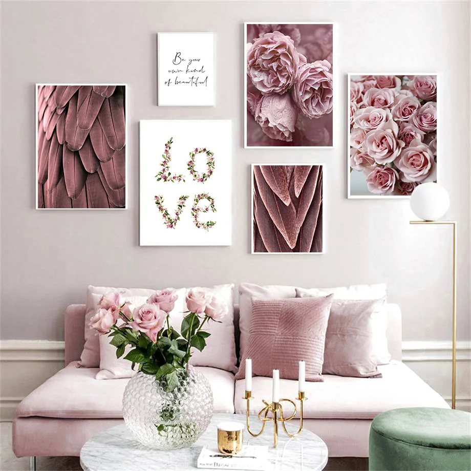 Scandinavian-Fashion-Pink-Flower-Feather-Nordic-Posters-And-Prints-Wall-Art-Canvas-Painting-Wall-Pictures-For (2)