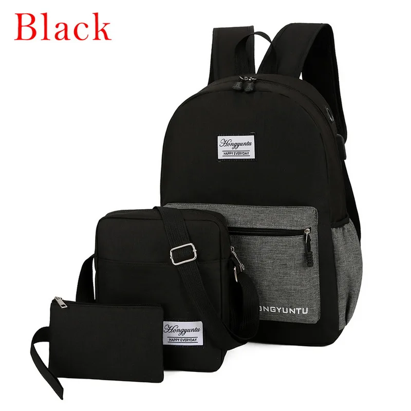 MoneRffi Для женщин Для мужчин холст 3 шт./компл. школьные рюкзаки Колледж школьный мода Plecak для подростков, для мальчиков и девочек, рюкзак сумка через плечо - Цвет: black