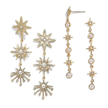 

2020 New Deisgn Gold Color Sun Star Drop Earrings for Women Boho Crystal Pearl Statement Long Earring Vintage Jewelry