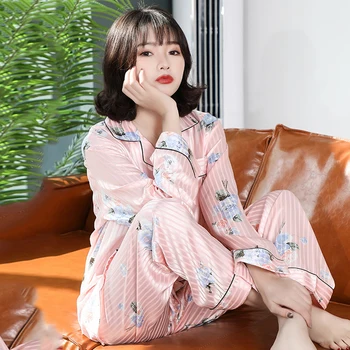 

2020 Spring Summer Women's Pijamas Turn Down Collar Printing Female Nightwear With Buttons Pocket Casual Plus Size Sleep Wear