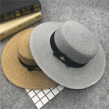 

European small bee flat along flat top mixed color ladies sun hat straw hat bowler hat straw hat shade fashion hat summer female