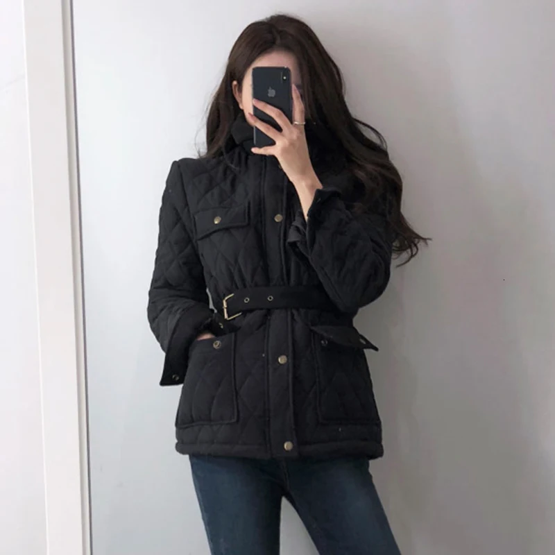 SHENGPALAE Chic High Quality Grid Self-cultivation System Belt Design Jacket Cotton Short Fund Korean Loose Coat Woman FV427