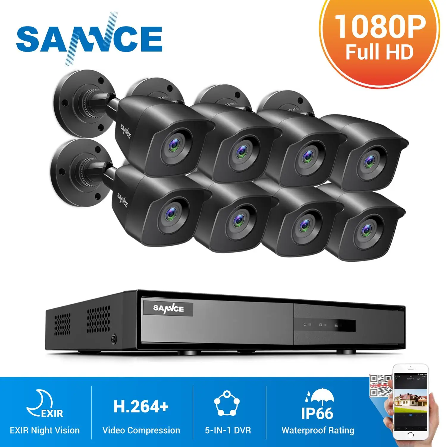 SANNCE 8CH 1080P Lite Video Security System 5IN1 1080N H.264+ DVR With 4X 8X 1080P Outdoor Waterproof  IR Cameras Kit CCTV Set