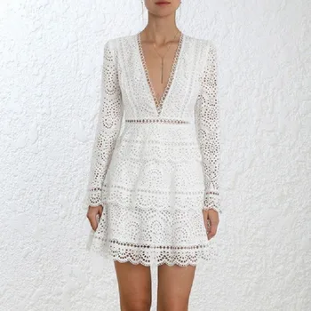 

Autumn White Lace Patchwork Women Mini Cake Dresses Ruffles Sexy V Neck Party Dress Vestidos Verano Robe Femme