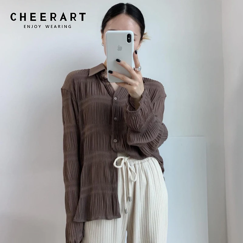 

Cheerart Fall Korean Blouse Long Sleeve Womens Tops And Blouses Wrinkle Ladies Tops Button Up Shirt Autumn 2019 Clothing