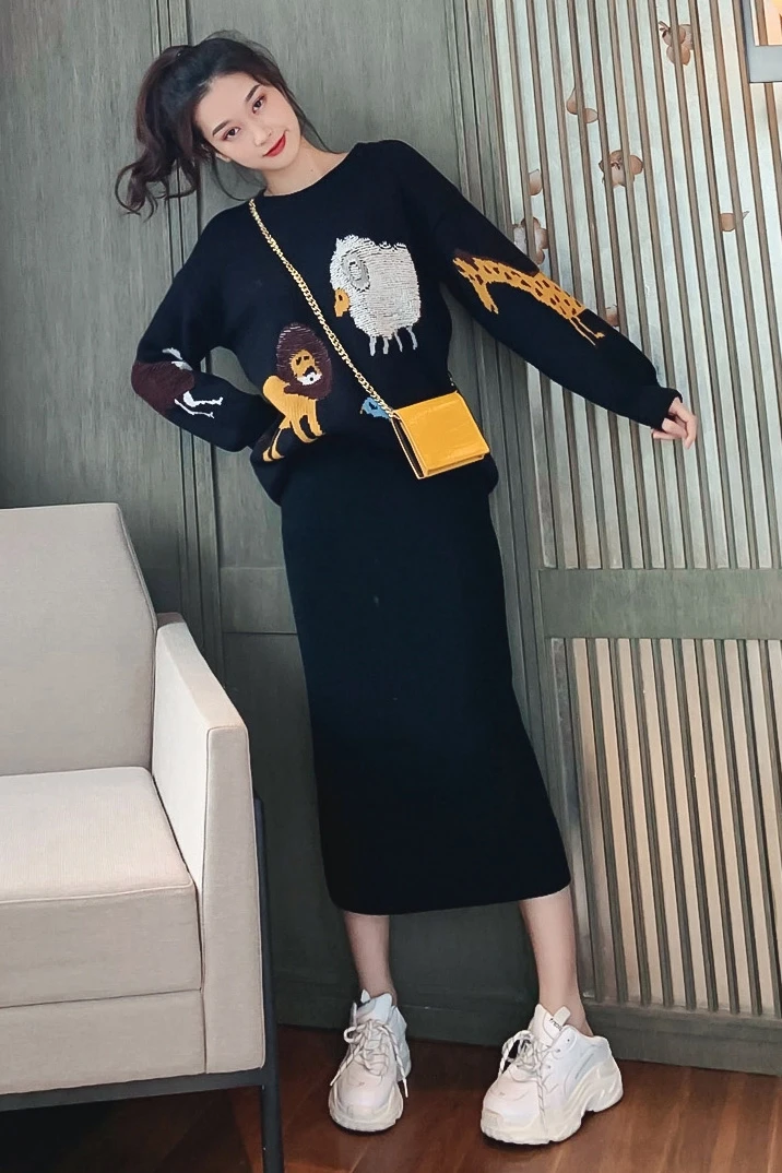 Модная дизайнерская Новая женская одежда, Трикотажный костюм, модный свитер с длинными рукавами+ короткая юбка, комплект из двух предметов