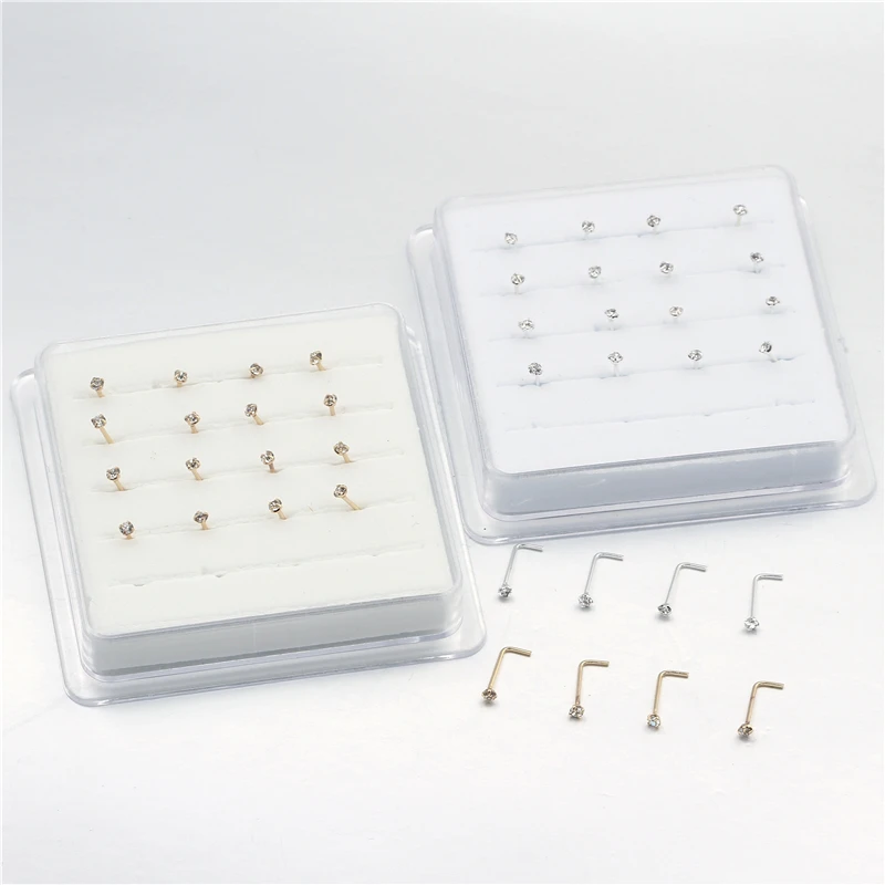 20PCS/Box Sterling L Shape Nose Stud Ring 2mm Clear Crystal Nose Piercing Body Jewelry nose piercings