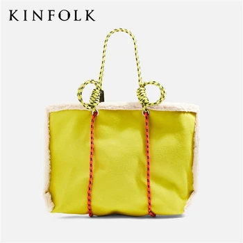 

Lambs big Bag lady's large capacity contrast color tote bag plush lamb plaid shopping shoulder women bag