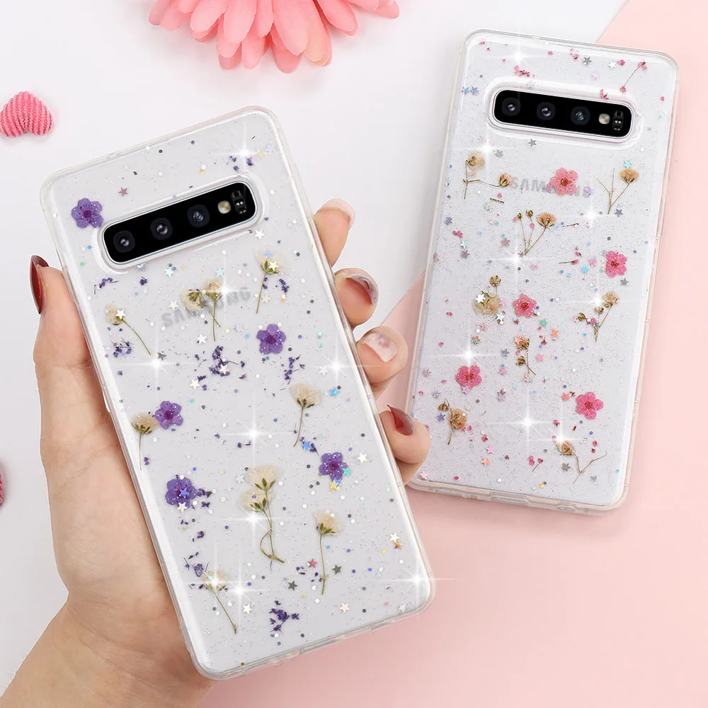 Мягкий силиконовый чехол с настоящими высушенными цветами для Samsung S20 Ultra S10 S8 S9 Plus