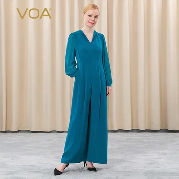 

VOA30 M/M Heavyweight Silk Three-Layer Lapel Lantern Sleeve Mix Material Stitching IndigoBlue Blue Simple Straight JumpsuitKE202