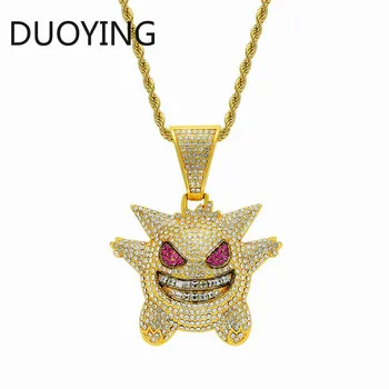 

HIYONG New Arrival Pokemon Pendant Necklace Hip Hop Jewelry Mask Gengar Cubic Zircon Copper Necklace Iced Out Chain Mens Gift