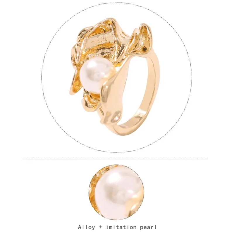Трендовые Золотые круглые кольца с искусственным жемчугом и цветком для женщин, для свадебной вечеринки, нежные Необычные цветочные кольца на палец, массивные R0169