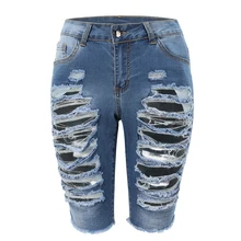 Женская Средняя посадка эластичные джинсовые шорты до колена пышные бермуды стрейч короткие джинсы