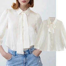 

Dave&Di England Style Fashion Artificial Jewelry Buttons Satin Blouse Women Elegant Blusas Mujer De Moda 2021 Shirt Women Tops