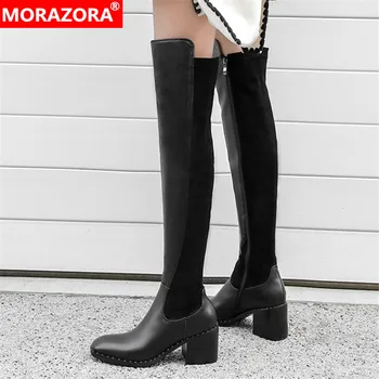 

MORAZORA 2020 Winter new fashion over the knee boots genuine leather black color women boots thick high heels ladies shoes