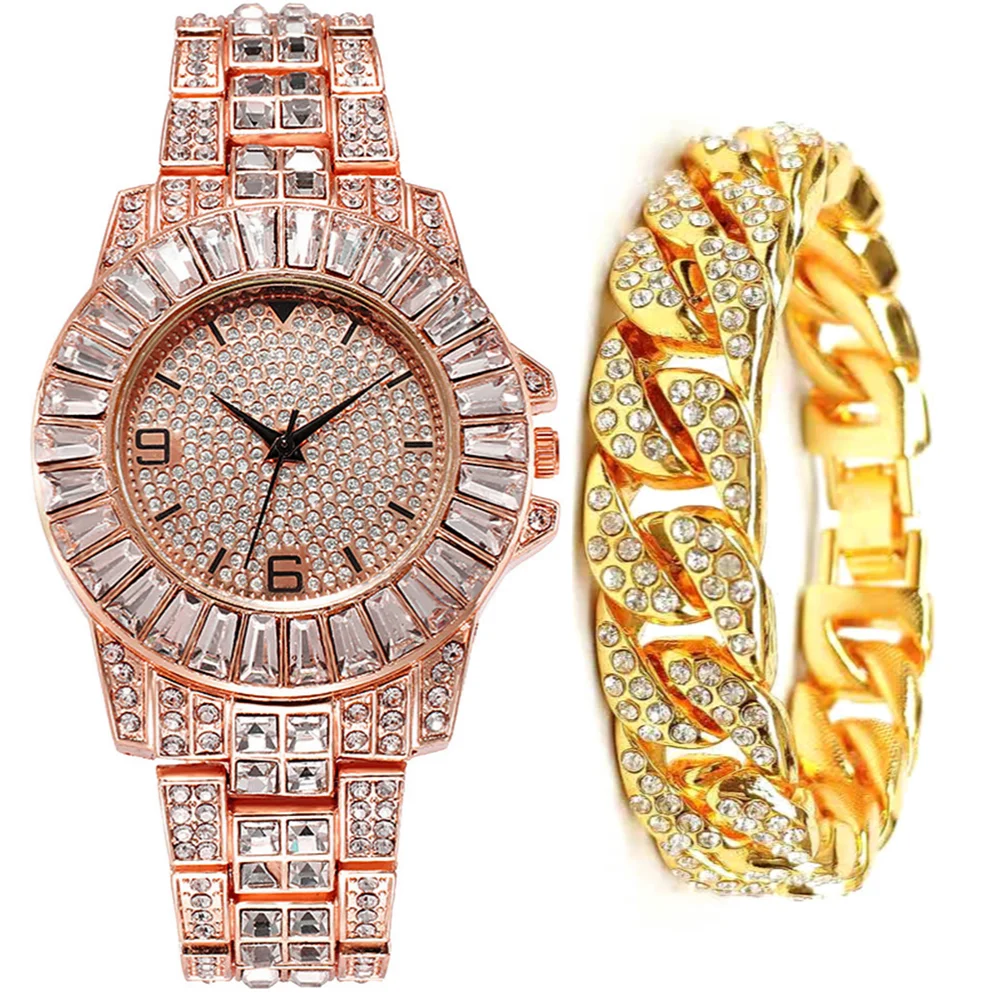 Gold Diamond Cool Iced Out Watch + Bracelet for Men Couple Luxury Male Clock with Cuban Chain Fashion Jewelry Religio Masculino