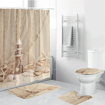 

Shower Curtain Starfish Nautical Seashell Fabric Coastal Sea Shell Fishing Net Marine Ocean Wooden Lighthouse Starfish